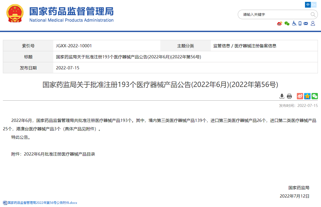 國家藥監(jiān)局2022年6月份批準注冊193個醫(yī)療器械產品，看看你家的通過了嗎?